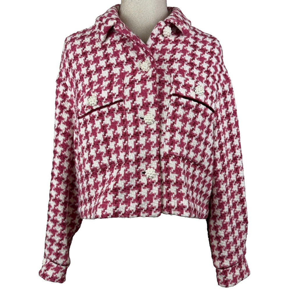 Parisian‎ Chic Jacket Womens M Pink White Houndstooth Tweed Cropped Button Front